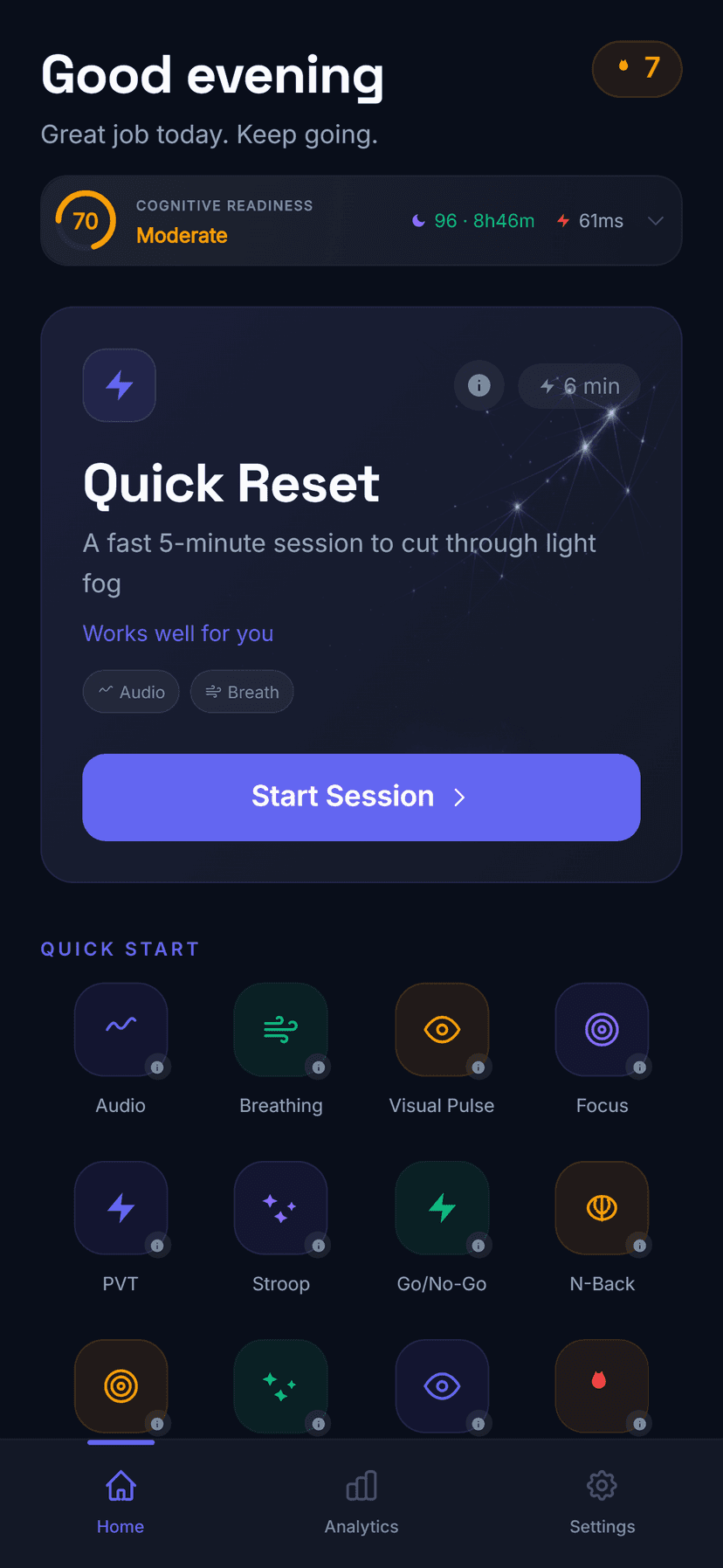 BrainFog app home screen showing focus session categories